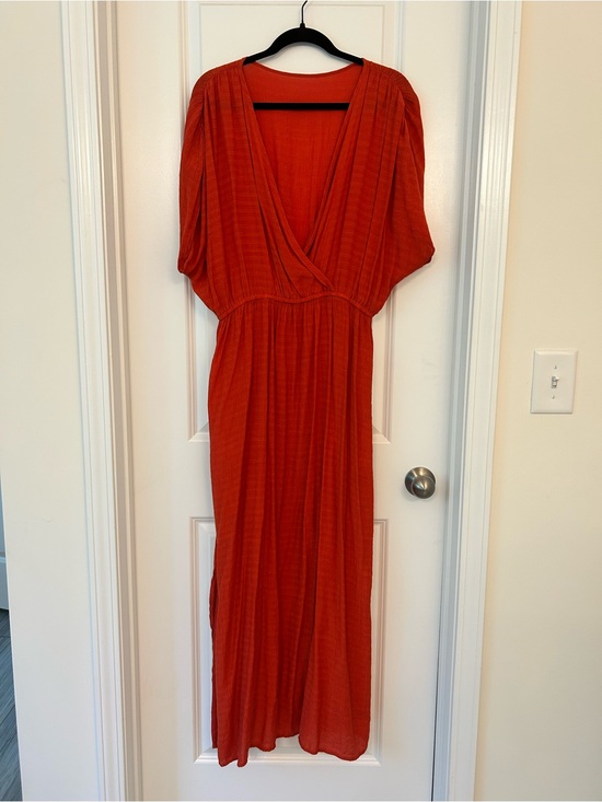 Dresses & Skirts - Burnt Orange Sheer Maxi Dress XL Textured Deep V Cover Up Boho Flowy